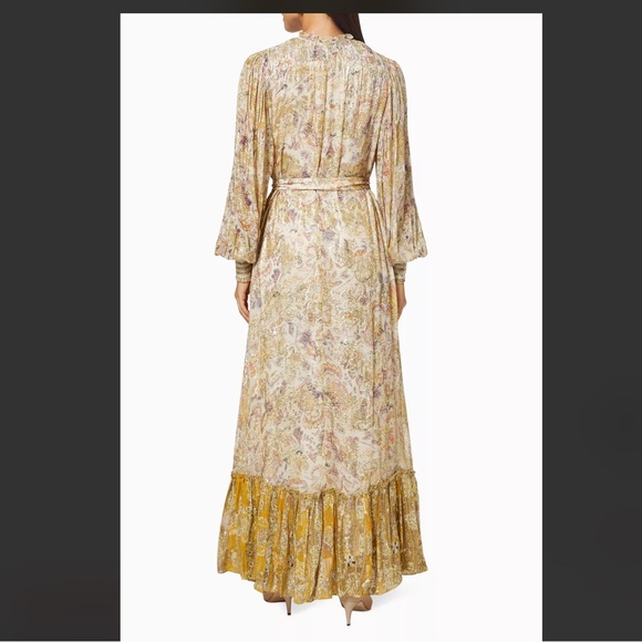 HEMANT & NANDITA Gold Floral Maxi Dress with Ruffle Hem - Picture 4 of 9